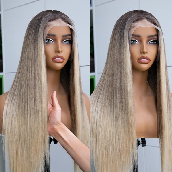 AISI HAIR Straight Lace Front Wig Pre Plucked With Baby Hair 13x4 HD Glueless Synthetic Ombre Blonde Wigs for Women 28inch Beginner Friendly