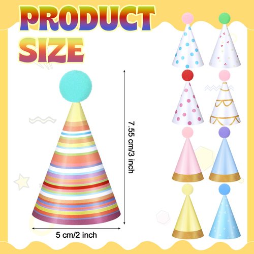 Panitay 40 Pcs Colorful Mini Party Hats Small Party Hats for Stuffed Animals Paper Cone Tiny Birthday Hats Games Accessories (Cute Style)