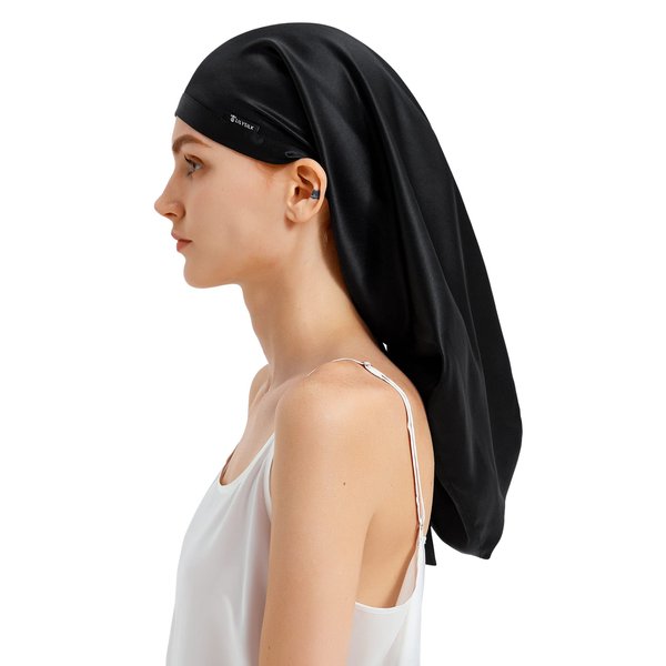 LILYSILK Mulberry Silk Sleep Cap 100% 19 Momme Long Silk Bonnet for Curly Hair, Night Cap for Sleeping, Silk Hair Wrap for Women Black