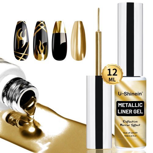 U-Shinein 12ml Metallic Painting Gel Liner Nail Art 3D Mirror Chrome Effect Gel Nail Polish Metal Painted Drawing Gel Build in Thin Brush Soak Off UV/LED Gold Striper Gel for Salon Home DIY Manicure