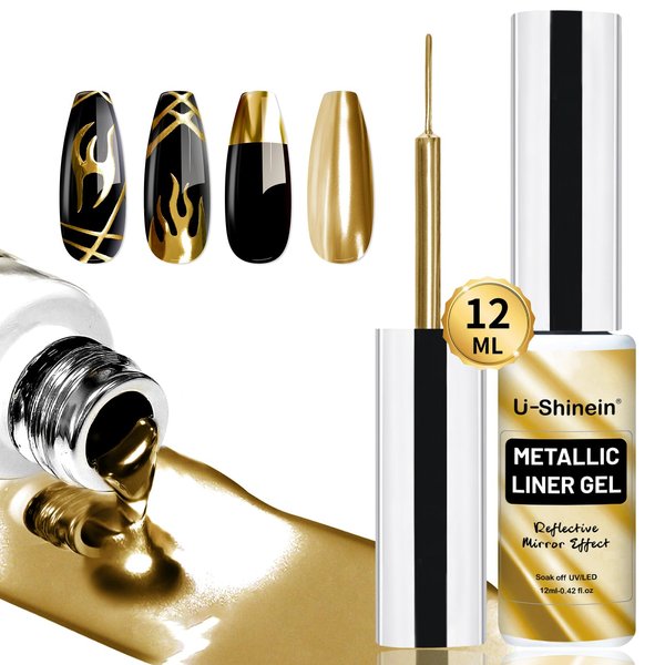 U-Shinein 12ml Metallic Painting Gel Liner Nail Art 3D Mirror Chrome Effect Gel Nail Polish Metal Painted Drawing Gel Build in Thin Brush Soak Off UV/LED Gold Striper Gel for Salon Home DIY Manicure