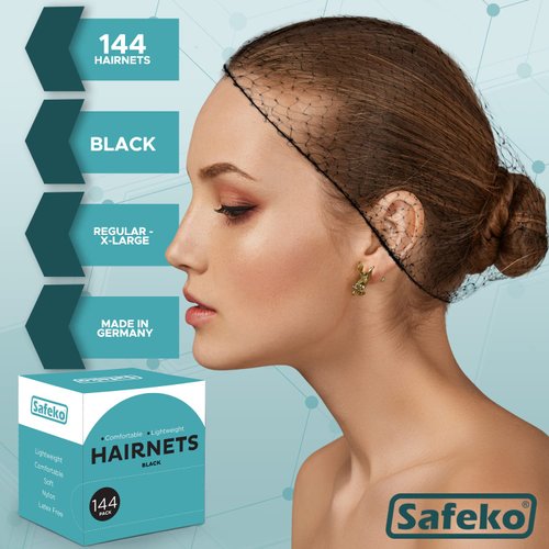 SAFEKO Hair Nets 144 PCS, Individually Wrapped, Lightweight Nylon Hairnets, Latex-Free | Black, Regular (21")