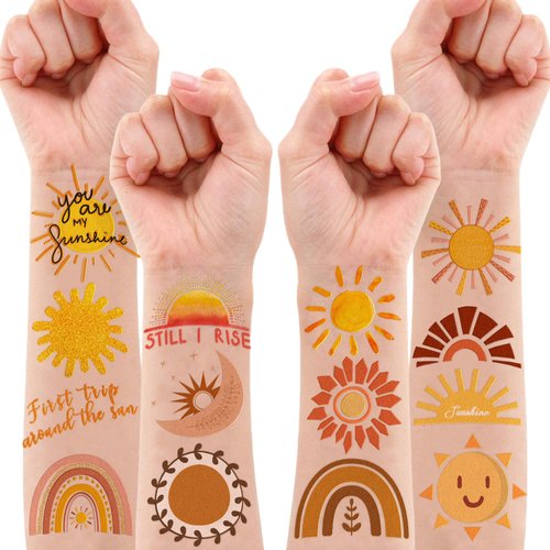 Sun First Temporary Tattoos Boho Sun Party Decorations Favors Supplies Sunshine Themed Cute Stickers 8 Sheets 96 PCS Gifts for Baby Girls Boys Class School Carnival