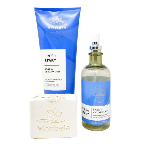 Bath & Body Works Aromatherapy Fresh Start Sage & Cedarwood - Duo Gift Set - Body Cream and Essential Oil Pillow Mist with a Natural Oats Soap.