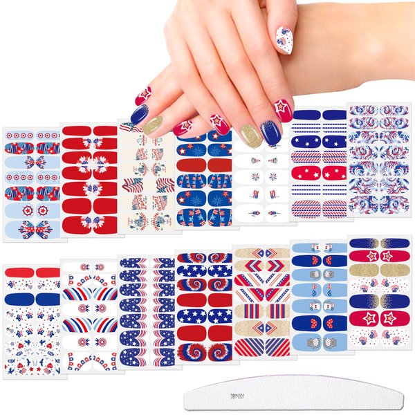 JERCLITY 14 Sheets Independence Day Nail Polish Strips 4th of July Nail Wraps for Women Patriotic American Flag Nail Strips Self-Adhesive Nail Stickers with Nail File for Memorial Day（4th of July-1）