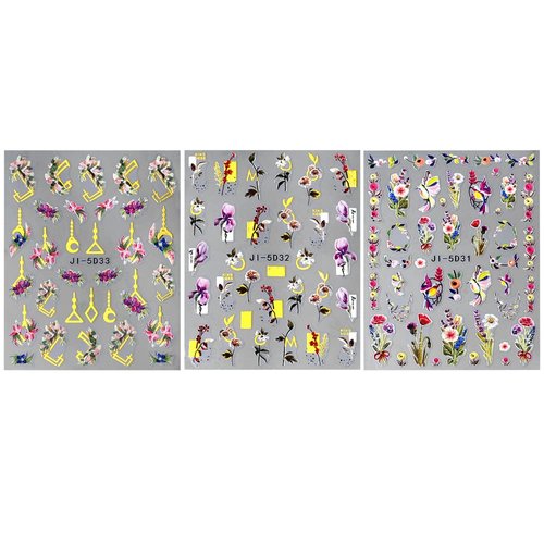 Dornail 3 Sheets 5D Embossed Bronzing Nail Stickers Floral Nail Decals Spring Flower Grass Bird Nail Art Stickers Colorful Flower Stickers for Nails Women Manicure Decor Nail Accessories