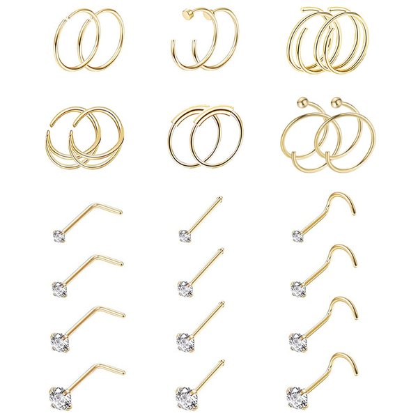 Vegolita 24PCS 22G 316L Stainless Steel Nose Rings Hoop for Women Men Nose Studs CZ Cartilage Helix Tragus Piercing Jewelry G