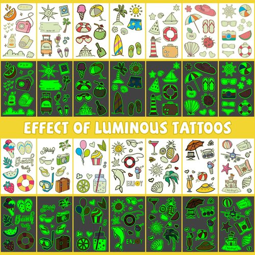 EMOME 650+ Styles Glow Hawaiian Luau Tropical Themed Temporary Tattoos for Kids, Beach Pool Party Supplies Favors Decorations,Waterproof Fake Tattoo Stickers for Girls Boys (56 Sheets)