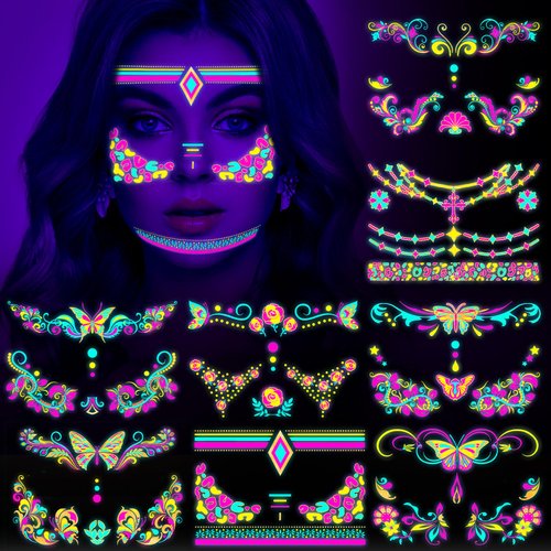 HOWAF 8 Sheets Fluorescent face tattoos,Neon UV Black Light Temporary Tattoos for Glow Party Face Art Decoration,Glow in The Dark Floral Fake Tattoos for Adults Girls Women Festival Bar Party Favors