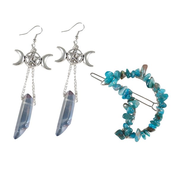 Soulnioi Natural Blue Crystal Crystal Gravel Moon Hairpin Clip and Natural Blue Crystal Hexagon Pillar Drop Earrings Triple Moon Earrings Healing Crystal, Jewelry Gift for Girl Women