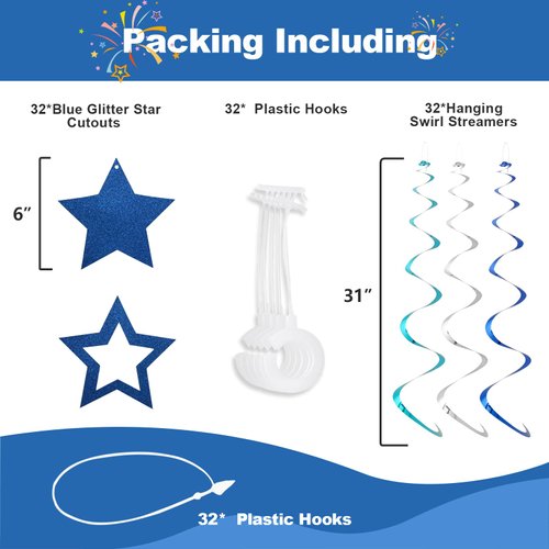 YEOCU 64pcs Hanging Swirls Party Decorations - Ceiling Foil Swirls Decorations Hanging Party Streamers for Birthday, Ceiling Hanging Decor Party Supplies for Boys Girls Kids (Blue)