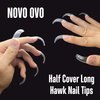 NOVO OVO 100 pcs Long Hawk Curved Nail tips, Clear Cystal Extra Super Extreme Deep Curve Half Cover Tapered Square Eagle Claw Soft Gel False Nail Extension for Acrylic Nails x 10 Sizes in Box