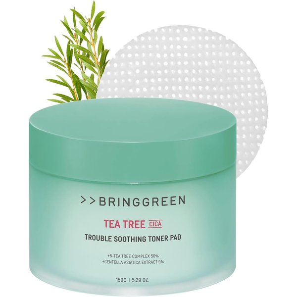 BRING GREEN TEA TREE CICA SOOTHING TONER PAD | Korean Daily Skincare Routine with Mild Formula, Cooling for Soothing and Hydrating effect, Vegan certified toner pads 90 Count, 5.29 Fl. Oz.