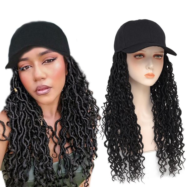 Yunkang Goddess Faux Locs Wig Hat With Curly Locs For Black Women Synthetic Bohemia Locs Twist Crochet Curls Braids with Cap Hippie dreadlock Wig Baseball Cap Boho Braided Wigs (18inch, 1B)