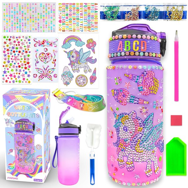 Decorate Your Own Water Bottle Kits for Girls, Unicorn Toys for Girls Ages 4-6 6-8 8-12, Arts and Crafts for Kids Girl Birthday Gift, Unicorn Painting Crafts Kits, Leak-proof Cup With Straws Lids