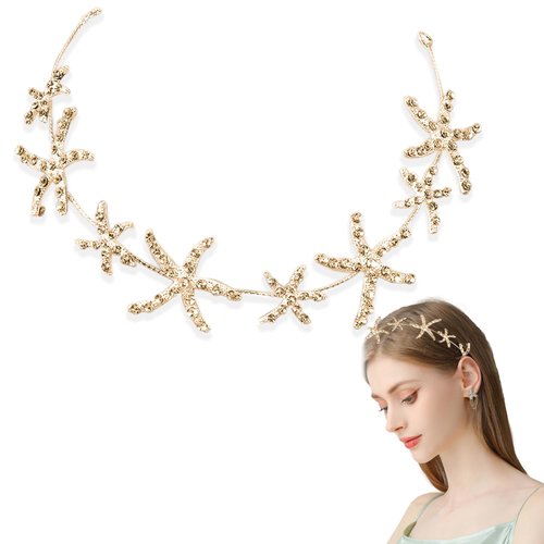 Ainvhh Mermaid Starfish Headband Rhinestone Bridal Hair Accessories Star Headpiece with Hair Clip Beach Wedding Hair Accessories for Brides and Bridesmaids (Gold)