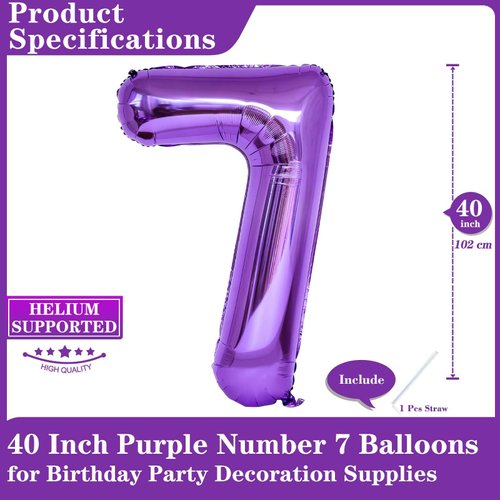 Purple Number 7 Balloons, 40 Inch Giant Number Balloons Foil Mylar Helium Purple Number 7 Balloons for 7th Birthday Party Supplies Anniversary Event Celebration Decorations