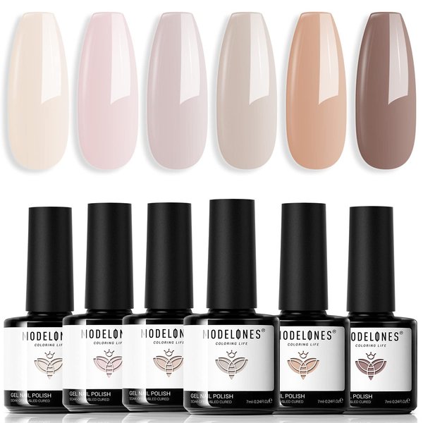 modelones Neutral Gel Nail Polish Set 6 Colors, Nude Skin Tones Beige Taupe Ivory White Pastel Pink Grey Light Brown for All Seasons, Soak Off Manicure Kit Nail Art Design Salon at Home Gifts