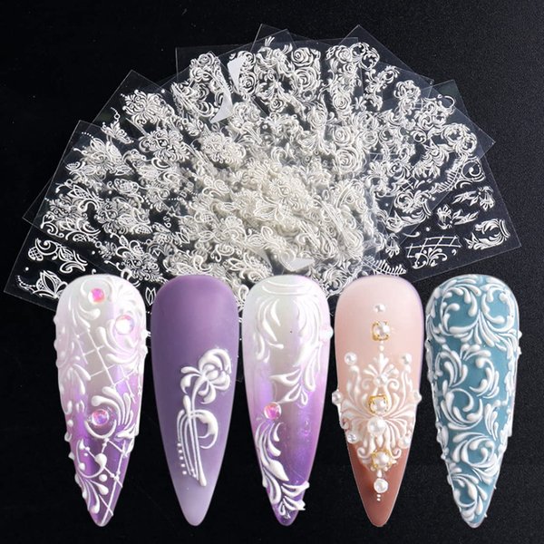 French Nail Art Sticker Decals 5D Embossed French Pattern Roses White Nail Art Accessories Self-Adhesive Nail Art Supplies Decoration Retro Classic Acrylic Nails Design, 8 Sheets