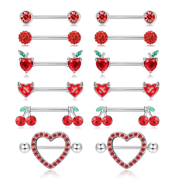 JOERICA 6 Pairs 14G Nipple Rings for Women 316L Stainless Steel Heart Butterfly Moon CZ Flower Barbell Nipple Rings Set Cute Nipplerings Piercing Jewelry