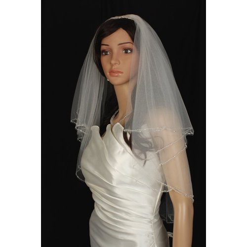 Bridal Veil White 2 Tiers Elbow Length Edge With Crystal Beads And Seed Beads