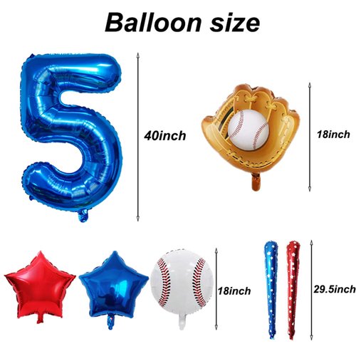 Baseball Balloons 5th Birthday Decorations for Boys, Baseball Party Decoration Baseball Sports Theme Party Supplies, 40 inch Foil Number Balloons Number 5 Balloon Blue Red White Sports Balloon Kits
