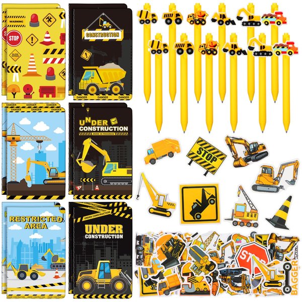 Resurhang 146 Pcs Construction Birthday Party Supplies Include 12 Construction Car Theme Line Book 12 Ballpoint Pens 12 Patches 110 Stickers Construction Party Favors for Gift Home Classroom Activity