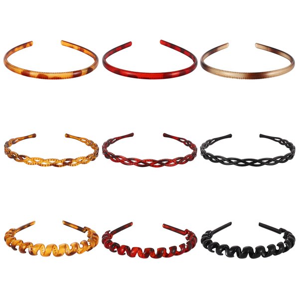 VOGUEKNOCK 9PCS Plastic Headband with Tooth Skinny Bright Color Plain Curly Hairband Hair Comb Accessories (Style1)