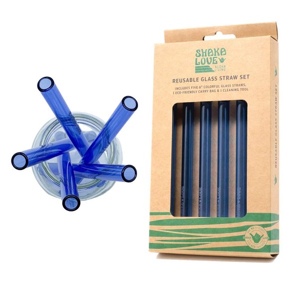 SHAKA LOVE Reusable Glass Drinking Straw Set- Stylish, Durable, Shatter-Resistant - Set of 5 Colorful Blue Glass Drinking Straws, Cleaning Tool, & Travel Carry Bag (Ocean Blue, 6 inch)