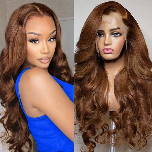 Silky Longess Body Wave Lace Front Wigs Human Hair Pre Plucked, 13x4 Chocolate Brown Human Hair Wigs for Black Women HD Transparent Auburn Wigs Reddish Brown Wigs with Baby Hair 180 Density 18 Inch