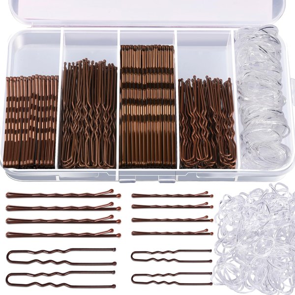 Teenitor 300pcs Bobby Pins Hair Pins Kit, 100 Hair Pins for Women 100 Bobby Pins Brown Hair and 100 Hair Bands, Hair Pins for Buns, U Shape Pins 2inch 2.36inch Bobby Pins for Women 2inch, 2.75inch