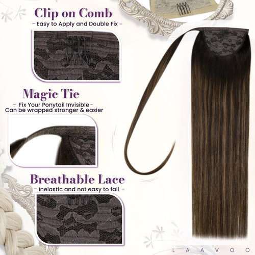 LaaVoo Ponytail Hair Extensions Human Hair Balayage Dark Brown Mix Light Brown Ponytail Extension Human Hair Wrap Around Ponytail Hair Extensions 14 Inch 70g