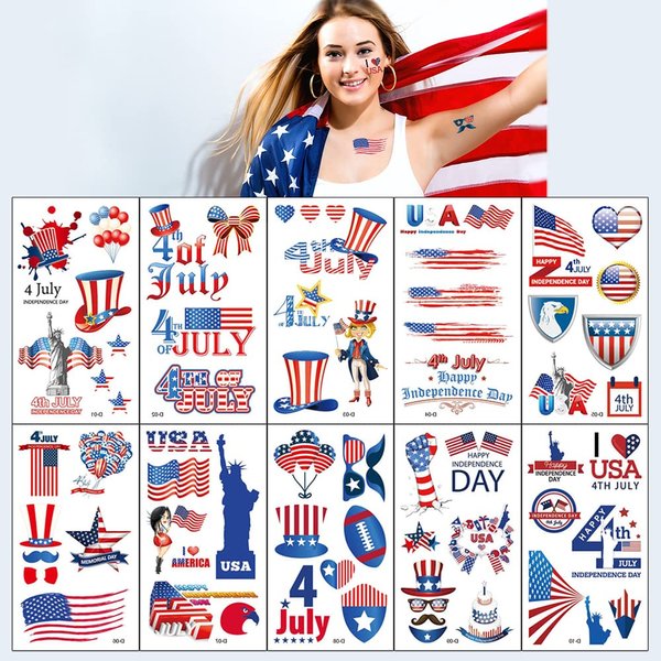 ALIBBON 10 Sheets Patriotic Tattoos, 4th of July Temporary Tattoos, American Flag Tattoos, Red White and Blue Party Supplies for Independence Day July 4th Labor Day Veterans Day
