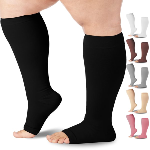 Mojo Compression Socks for Women and Men 20-30 mmHg - Open Toe Medical Compression Stockings for Bariatric Surgery Recovery, Swelling, Lymphedema - Black, Medium - AB211