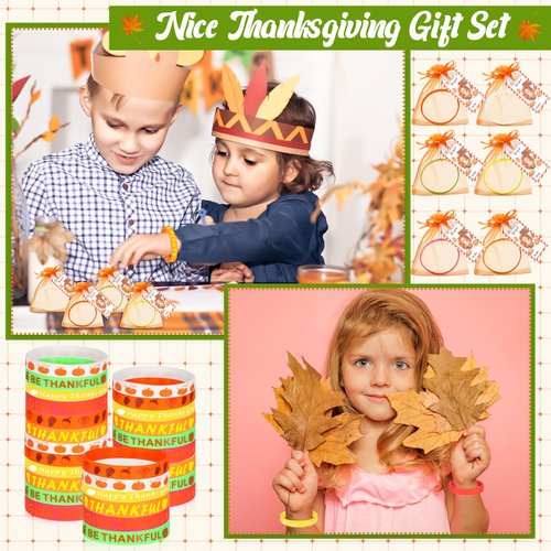 Liliful 72 Pcs Thanksgiving Gifts 24 Set Silicone Wristbands with Gift Label Tags and Organza Bags Turkey Day Gifts Fall Pumpkins Goodie Bag Fillers