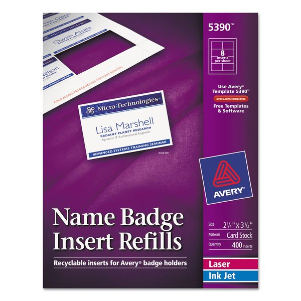 Avery 5390 Insert Badge Refill, Fits 2-1/4-Inch x3-1/2-Inch , 8/Sht, 400/BX, WE