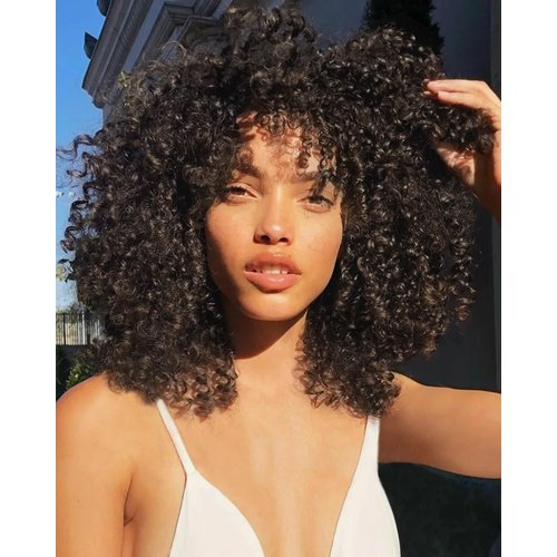 Marshey Afro Curly Wigs with Bangs for Black Women Kinky Curly Synthetic Hair Heat Resistant 12 Inch Short Black Wig for Daily Party