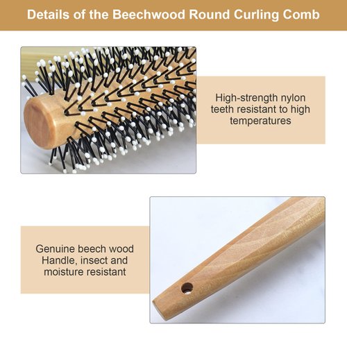 Harewu Round Curling Comb with Original Wooden Handle Made of Pure Beech Wood,Gentle Nylon Bristles,For All Hair Styles,Natural and Gentle Hair Brush (Yellow)