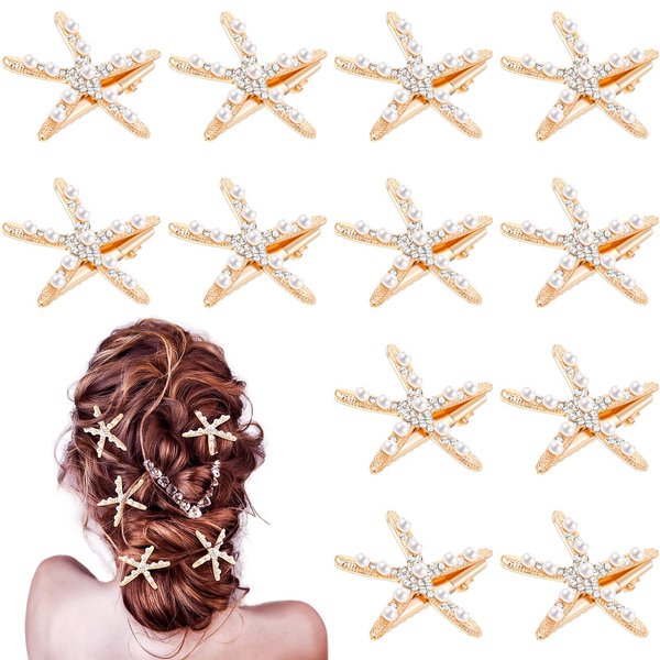 12 Pcs Starfish Hair Clip Seashell Hair Clips Mermaid Hair Accessories Crystal Pearls Starfish Hair Barrette Small Beach Sea Hairpin for Wedding Bridal Girls Women