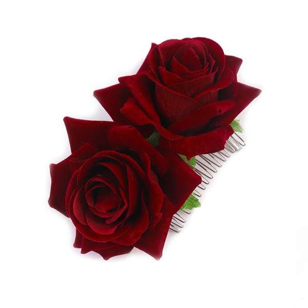 Kercisbeauty Rose Red Hair Comb for Flamenco Dancer Wedding Bridal Headpiece Bridesmaid Prom Hair Clip (Small Comb, Dark Red)