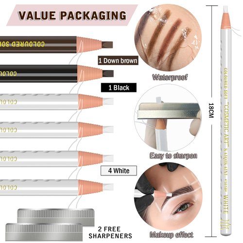 KAIQIKAIXI 6Pcs White Waterproof Eyebrow Pencils Makeup Set For Marking, Filling And Outlining, Tattoo Makeup And Microblading Supplies Kit-Hard Refills Are Easy To Color (White)