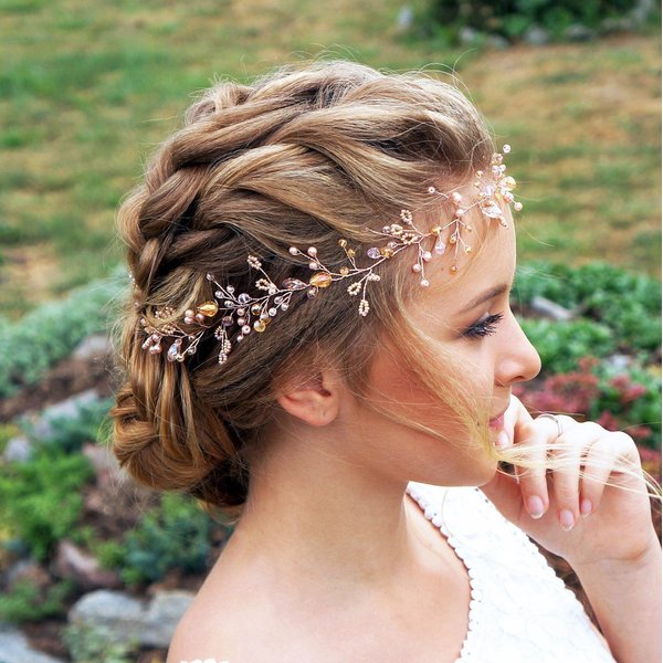 Kercisbeauty Handmade Boho Wedding Rose Gold Long Headband with Champagne Pink Crystal Beads for Brides Bridal Headpiece Vine Prom Hair Dress Hair Accessories