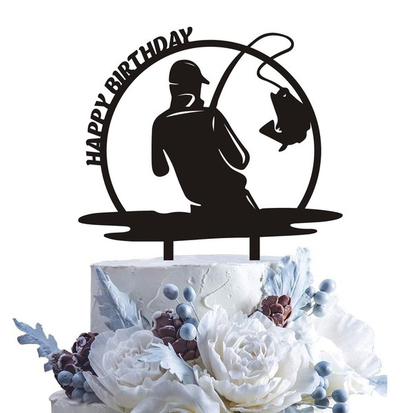Funny Fishing Happy Birthday Cake Topper Fisherman Birthday Party Decorations Outdoor Gone Fishing Themed Birthday Party Supplies Boys and Girls Birthday Party Decorations