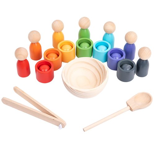 Montessori Balls in Cups Wooden Peg Dolls in Cups, Toddler Color Sorting Toys and Matching Game, Preschool Learning Activities Educational Fine Motor Skill Toy for Kids