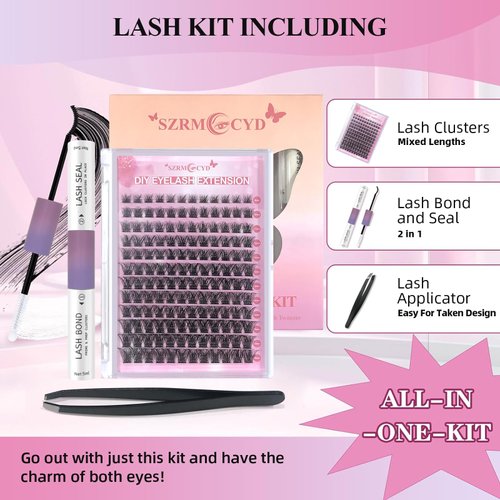 Lash Extension Kit,DIY Individual Lashes Clusters Kit,Lash Bond And Seal Glue,Clusters Lash Kit For Eyelashes Extensions,Lash Applicator Tool For False Eyelash Cluster Kit At Home(Mix9-16mm Lash Kit)
