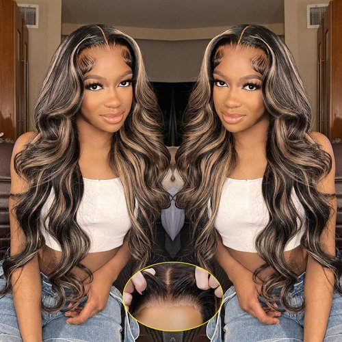 Recomtic Highlight Glueless Wigs Human Hair Pre Plucked Pre Cut Wear and Go 5x5 HD Lace Closure Wigs Honey Blonde Body Wave Lace Front Wigs Human Hair for Women 180% Density 24Inch