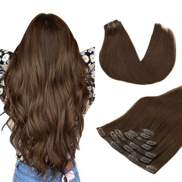 MAXITA Hair Extensions Real Human Hair, Chocolate Brown 7pcs 110g 16 Inch, Seamless Clip in Hair Extensions Human Hair Remy Clip in Hair Extensions Natural Straight Clip in Hair Extensions