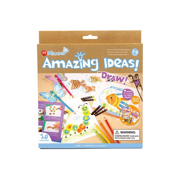 Micador jR. Amazing Ideas! Pack, Draw! - 10 Activities + Color Pencils + Oil Pastel + Chalk + Sharpener + Eraser - Ages 3+