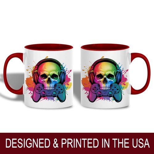 Skull Gamer Design Ceramic Mug, 11oz Coffee Cup with Colorful Headphones and Gaming Controller Theme, Fun Gift for Video Game Lovers, Unique Reusable Eco-Friendly Mug for Hot Beverages, Tea, Milk