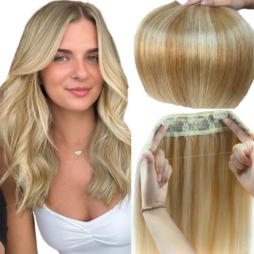 Ugrace Hair Clip In Hair Extensions Real Human Hair Wire Hair Extensions One Piece Clip in Hair Extensions with Invisible Fish Line For women Straight Hair(12 inch, Highlight Color P16/613)